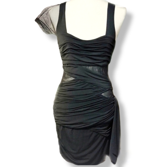 Sexy Black Asymmetrical Bandage-style Mini Dress with Sheer Panels, size 5 - Picture 13 of 15